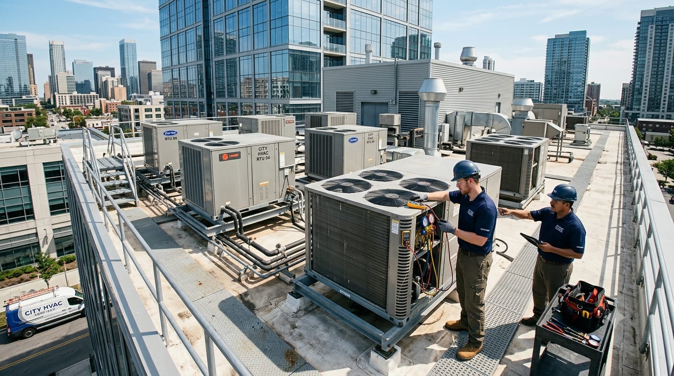 Summit Comfort Heating & Air technician servicing a home heating and cooling system in Overland Park, KS